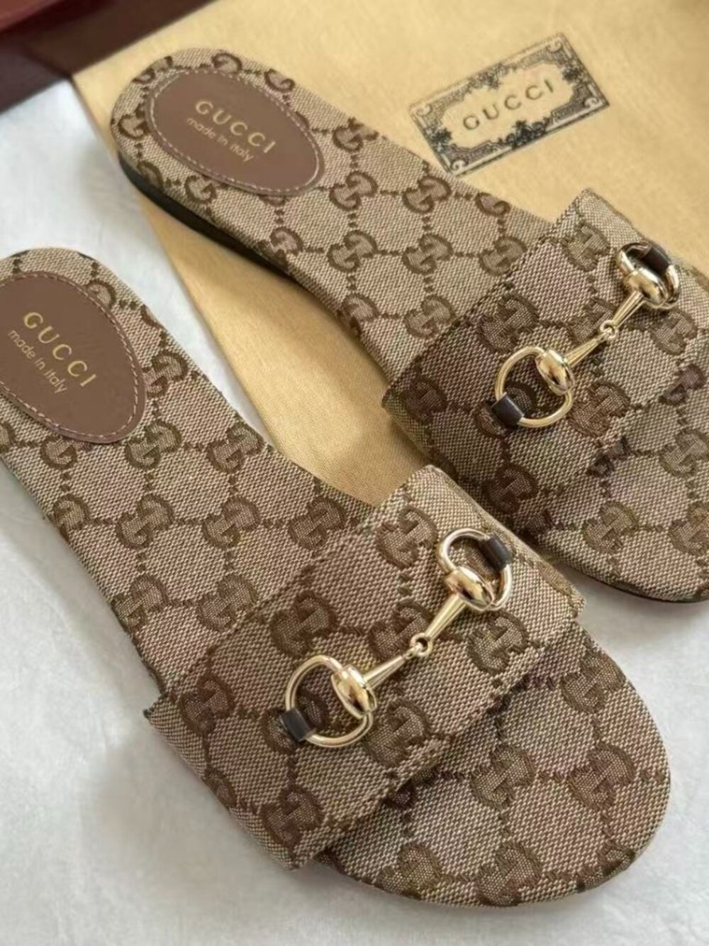 Gucci GG Supreme Horsebit Slide Sandals Size 38